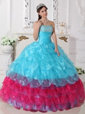 Aqua Blue and Hot Pink Ball Gown Strapless Floor-length Organza Appliques Quinceanera Dress