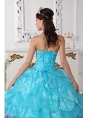 Aqua Blue and Hot Pink Ball Gown Strapless Floor-length Organza Appliques Quinceanera Dress