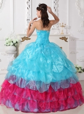 Aqua Blue and Hot Pink Ball Gown Strapless Floor-length Organza Appliques Quinceanera Dress