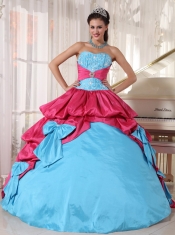 Aqua Blue and Hot Pink Ball Gown Sweetheart Floor-length Taffeta Appliques Quinceanera Dress