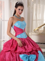 Aqua Blue and Hot Pink Ball Gown Sweetheart Floor-length Taffeta Appliques Quinceanera Dress