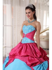 Aqua Blue and Hot Pink Ball Gown Sweetheart Floor-length Taffeta Appliques Quinceanera Dress