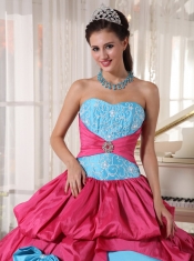 Aqua Blue and Hot Pink Ball Gown Sweetheart Floor-length Taffeta Appliques Quinceanera Dress