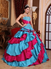 Aqua Blue and Red Ball Gown Strapless Floor-length Taffeta Embroidery Quinceanera Dress