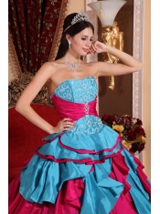 Aqua Blue and Red Ball Gown Strapless Floor-length Taffeta Embroidery Quinceanera Dress