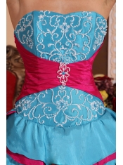 Aqua Blue and Red Ball Gown Strapless Floor-length Taffeta Embroidery Quinceanera Dress