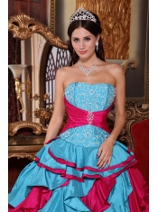 Aqua Blue and Red Ball Gown Strapless Floor-length Taffeta Embroidery Quinceanera Dress