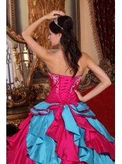 Aqua Blue and Red Ball Gown Strapless Floor-length Taffeta Embroidery Quinceanera Dress