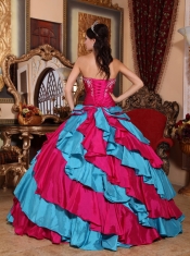 Aqua Blue and Red Ball Gown Strapless Floor-length Taffeta Embroidery Quinceanera Dress