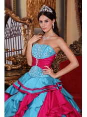 Aqua Blue and Red Ball Gown Strapless Floor-length Taffeta Embroidery Quinceanera Dress