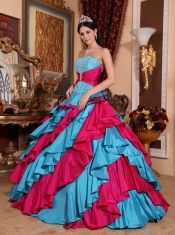 Aqua Blue and Red Ball Gown Strapless Floor-length Taffeta Embroidery Quinceanera Dress