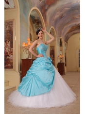 Aqua Blue and White A-Line / Princess Sweetheart Floor-length Beading Tulle and Taffeta Quinceanera Dress