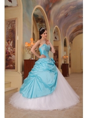 Aqua Blue and White A-Line / Princess Sweetheart Floor-length Beading Tulle and Taffeta Quinceanera Dress