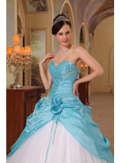 Aqua Blue and White A-Line / Princess Sweetheart Floor-length Beading Tulle and Taffeta Quinceanera Dress