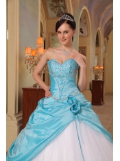 Aqua Blue and White A-Line / Princess Sweetheart Floor-length Beading Tulle and Taffeta Quinceanera Dress