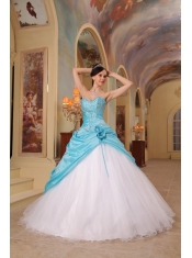 Aqua Blue and White A-Line / Princess Sweetheart Floor-length Beading Tulle and Taffeta Quinceanera Dress