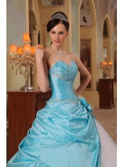 Aqua Blue and White A-Line / Princess Sweetheart Floor-length Beading Tulle and Taffeta Quinceanera Dress