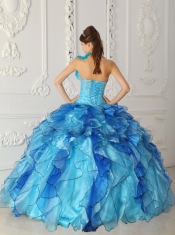 Aqua Blue Ball Gown One-shoulder Floor-length   Satin and Organza Beading Quinceanera Dress