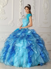 Aqua Blue Ball Gown One-shoulder Floor-length   Satin and Organza Beading Quinceanera Dress