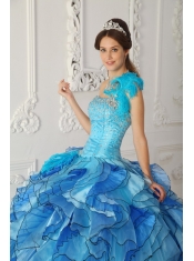 Aqua Blue Ball Gown One-shoulder Floor-length   Satin and Organza Beading Quinceanera Dress