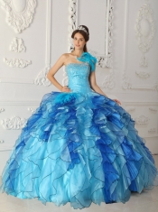 Aqua Blue Ball Gown One-shoulder Floor-length   Satin and Organza Beading Quinceanera Dress