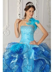 Aqua Blue Ball Gown One-shoulder Floor-length   Satin and Organza Beading Quinceanera Dress