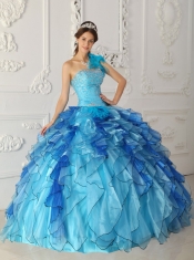 Aqua Blue Ball Gown One-shoulder Floor-length Satin and Organza Beading Quinceanera Dress