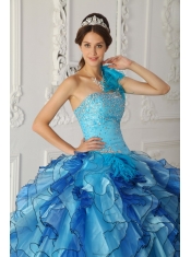 Aqua Blue Ball Gown One-shoulder Floor-length   Satin and Organza Beading Quinceanera Dress