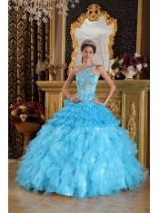 Aqua Blue Ball Gown One Shoulder Floor-length Satin and Organza Beading Quinceanera Dress