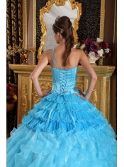 Aqua Blue Ball Gown One Shoulder Floor-length Satin and Organza Beading Quinceanera Dress