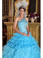 Aqua Blue Ball Gown One Shoulder Floor-length Satin and Organza Beading Quinceanera Dress