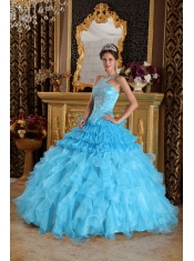Aqua Blue Ball Gown One Shoulder Floor-length Satin and Organza Beading Quinceanera Dress