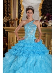 Aqua Blue Ball Gown One Shoulder Floor-length Satin and Organza Beading Quinceanera Dress