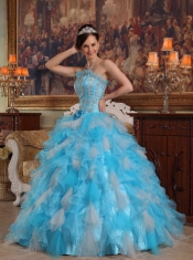 Aqua Blue Ball Gown Strapless Floor-length Appliques Organza Quinceanera Dress