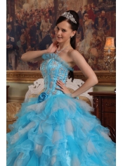 Aqua Blue Ball Gown Strapless Floor-length Appliques Organza Quinceanera Dress