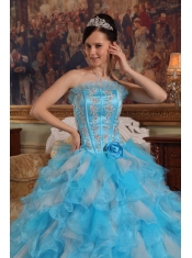 Aqua Blue Ball Gown Strapless Floor-length Appliques Organza Quinceanera Dress
