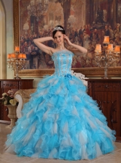 Aqua Blue Ball Gown Strapless Floor-length Appliques Organza Quinceanera Dress