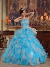 Aqua Blue Ball Gown Strapless Floor-length Appliques Organza Quinceanera Dress
