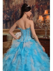 Aqua Blue Ball Gown Strapless Floor-length Appliques Organza Quinceanera Dress