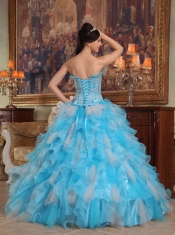 Aqua Blue Ball Gown Strapless Floor-length Appliques Organza Quinceanera Dress