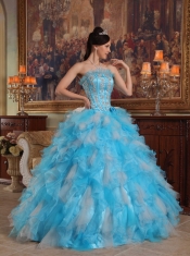 Aqua Blue Ball Gown Strapless Floor-length Appliques Organza Quinceanera Dress