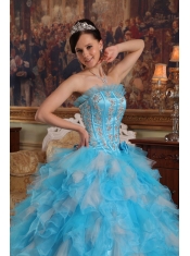 Aqua Blue Ball Gown Strapless Floor-length Appliques Organza Quinceanera Dress