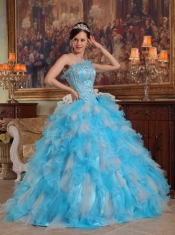 Aqua Blue Ball Gown Strapless Floor-length Appliques Organza Quinceanera Dress