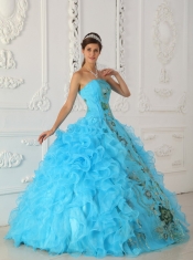 Aqua Blue  Ball Gown Strapless Floor-length Embroidery Sweet 16  Dress