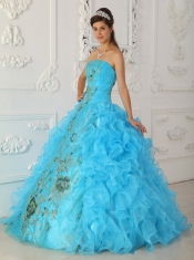 Aqua Blue  Ball Gown Strapless Floor-length Embroidery Sweet 16  Dress
