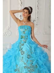 Aqua Blue  Ball Gown Strapless Floor-length Embroidery Sweet 16  Dress