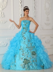 Aqua Blue  Ball Gown Strapless Floor-length Embroidery Sweet 16  Dress