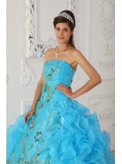 Aqua Blue  Ball Gown Strapless Floor-length Embroidery Sweet 16  Dress