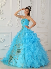 Aqua Blue Ball Gown Strapless Floor-length Embroidery Sweet 16 Dress