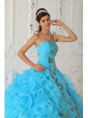 Aqua Blue  Ball Gown Strapless Floor-length Embroidery Sweet 16  Dress
